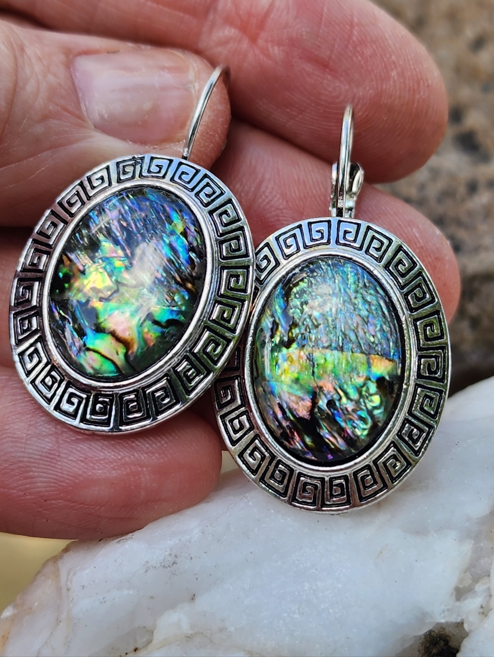 Genuine Abalone Natural Stone Greca Silver Earrings Hypoallergenic Jewelry